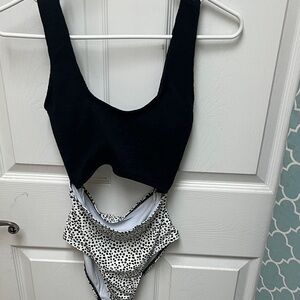 SHEIN Black Top with Black & White Polka Dot One-Piece Swimsuit